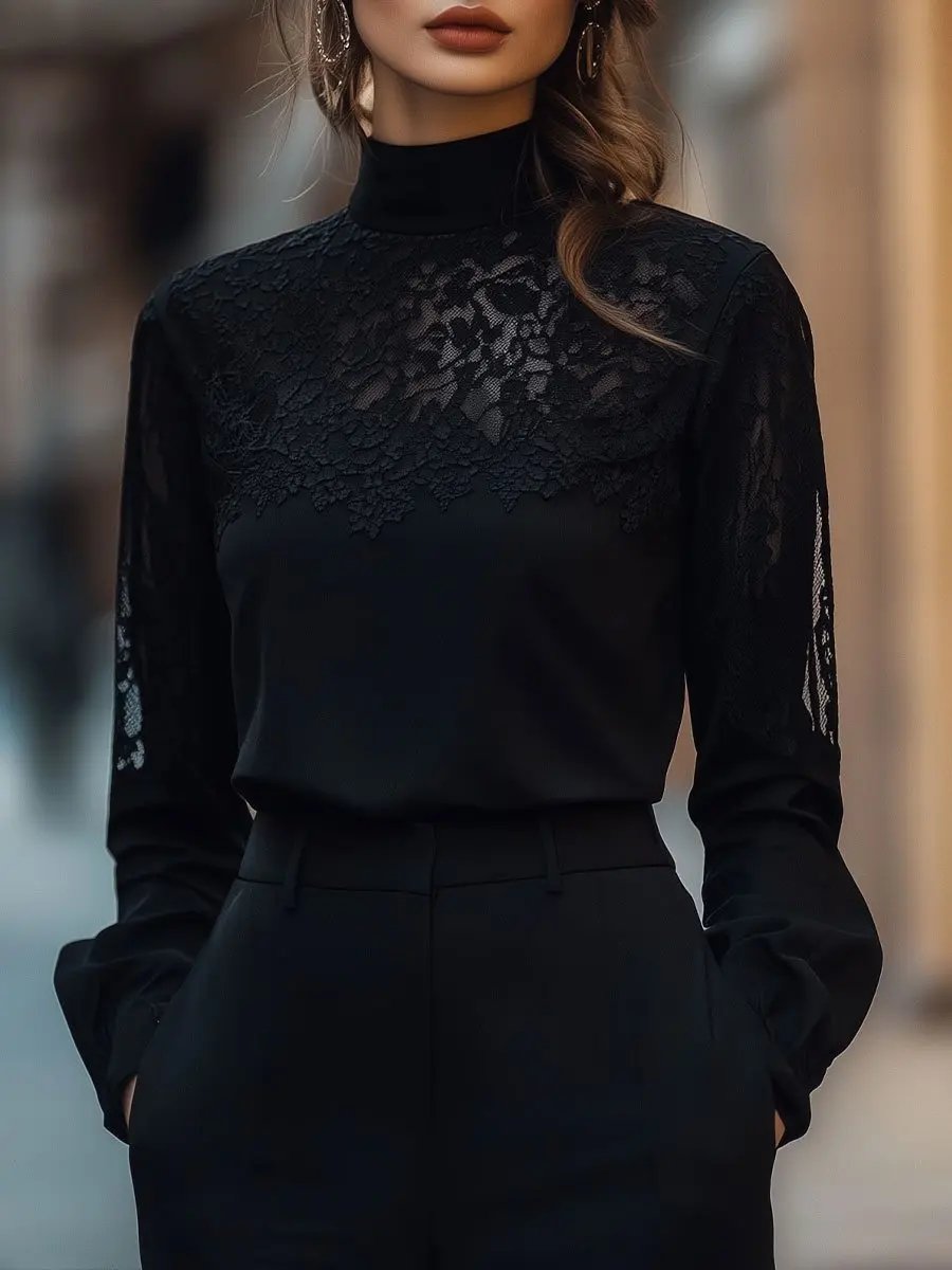 Elegant Sheer Lace Panel Long Sleeve - Blouse CASA LARO