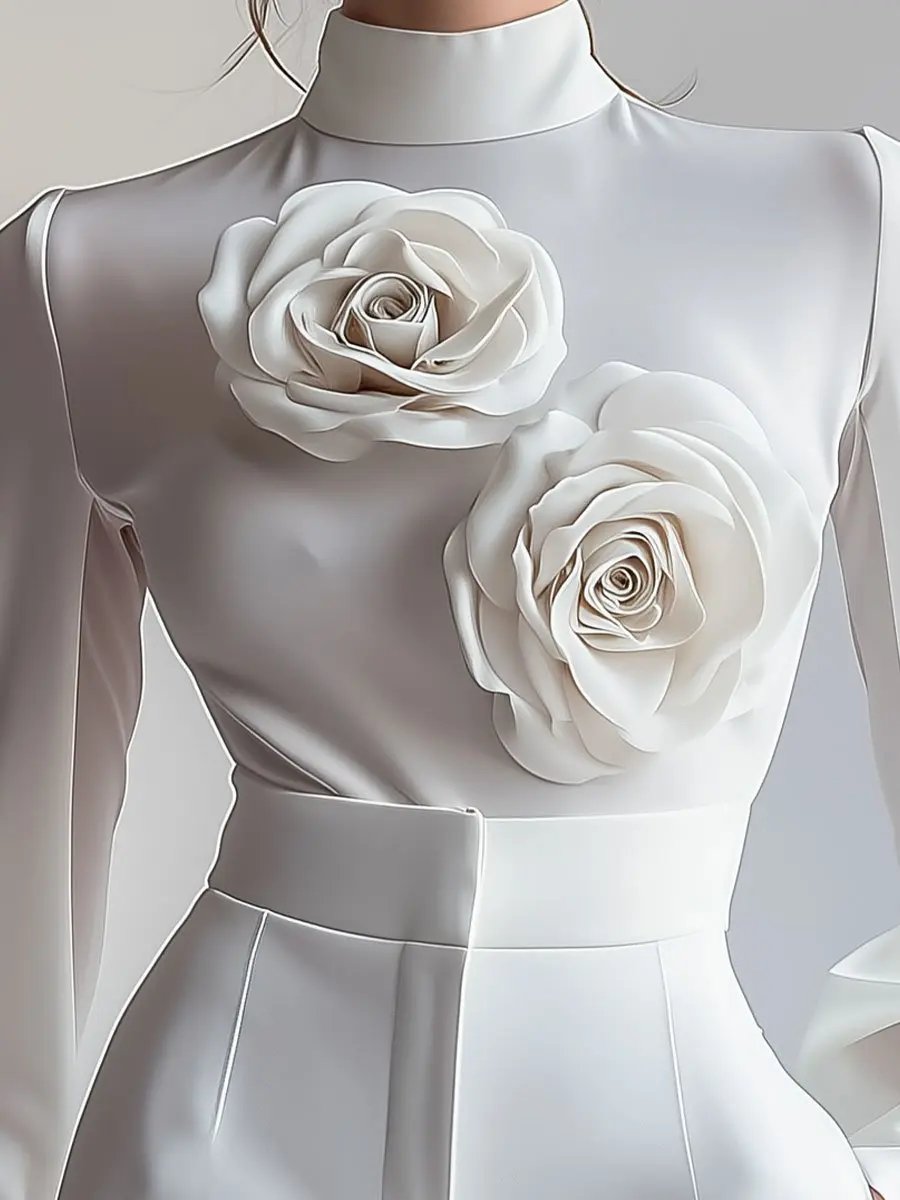 Elegant White High-Neck 3D Floral Detail - Blouse CASA LARO