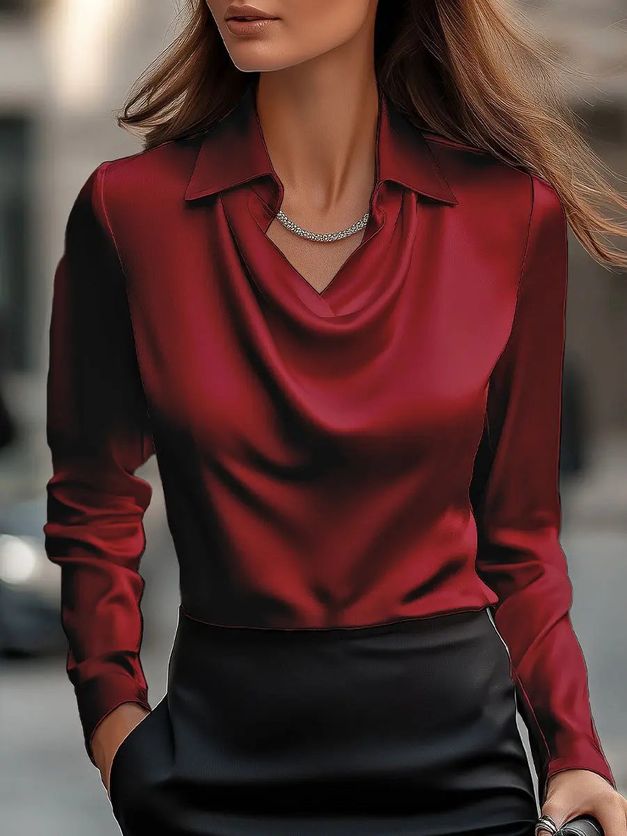 Elegant White Satin Draped Neckline - Women's Blouse CASA LARO