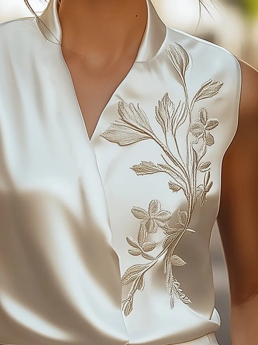 Embroidered V‑Neck Wrap Tie Waist - Blouse CASA LARO