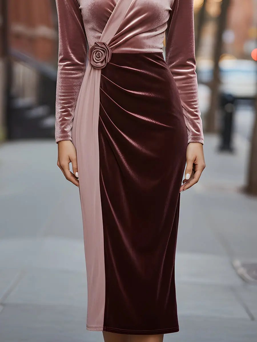 Floral Appliqué with Velvet Contrast - Midi Dress CASA LARO