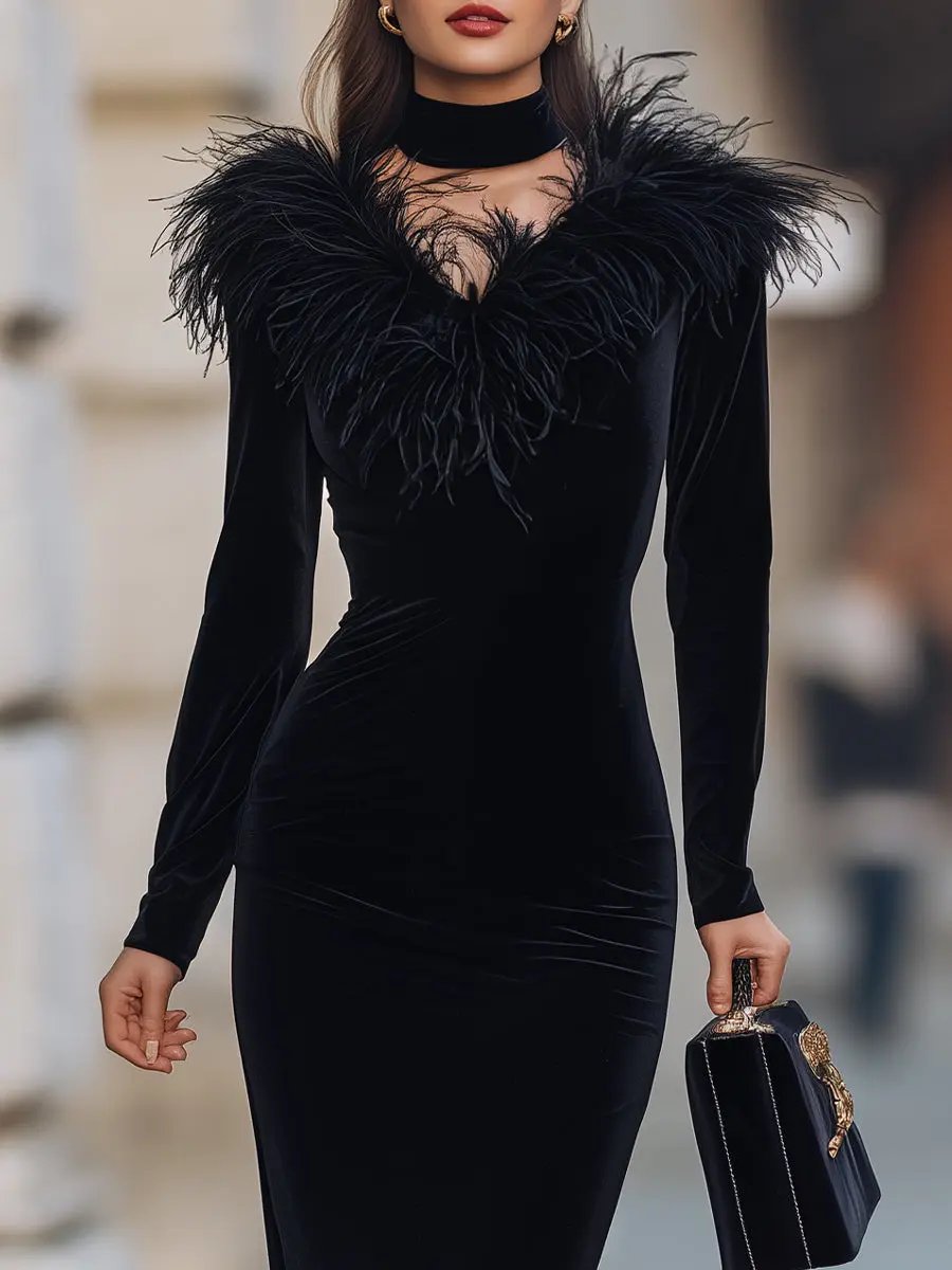 Glamorous Black Velvet Feather-Trim Evening Gown - Maxi Dress CASA LARO