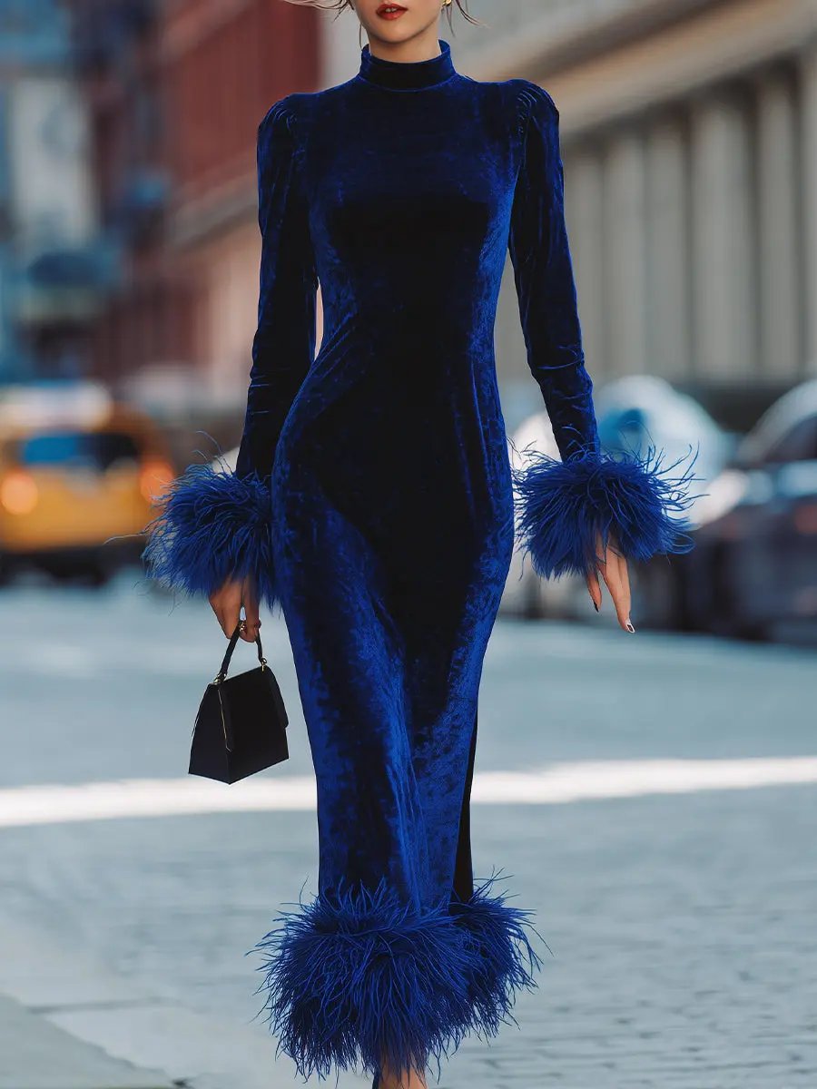 Glamorous Royal Blue Velvet Feather-Trim Party Dress - Mini Dress CASA LARO