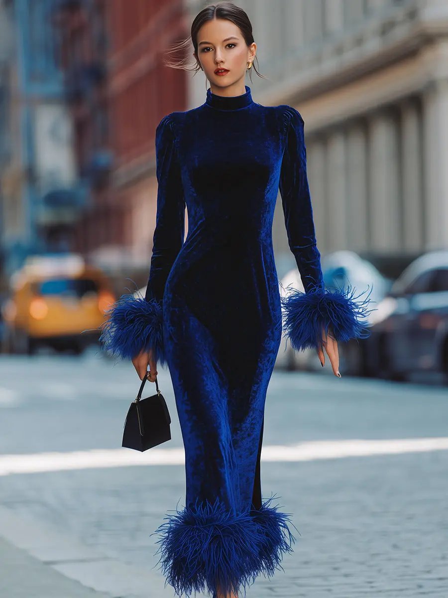 Glamorous Royal Blue Velvet Feather-Trim Party Dress - Mini Dress CASA LARO