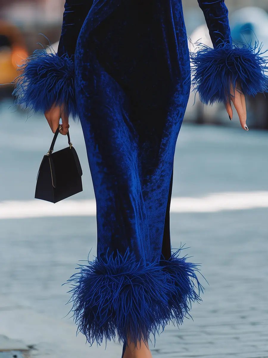 Glamorous Royal Blue Velvet Feather-Trim Party Dress - Mini Dress CASA LARO