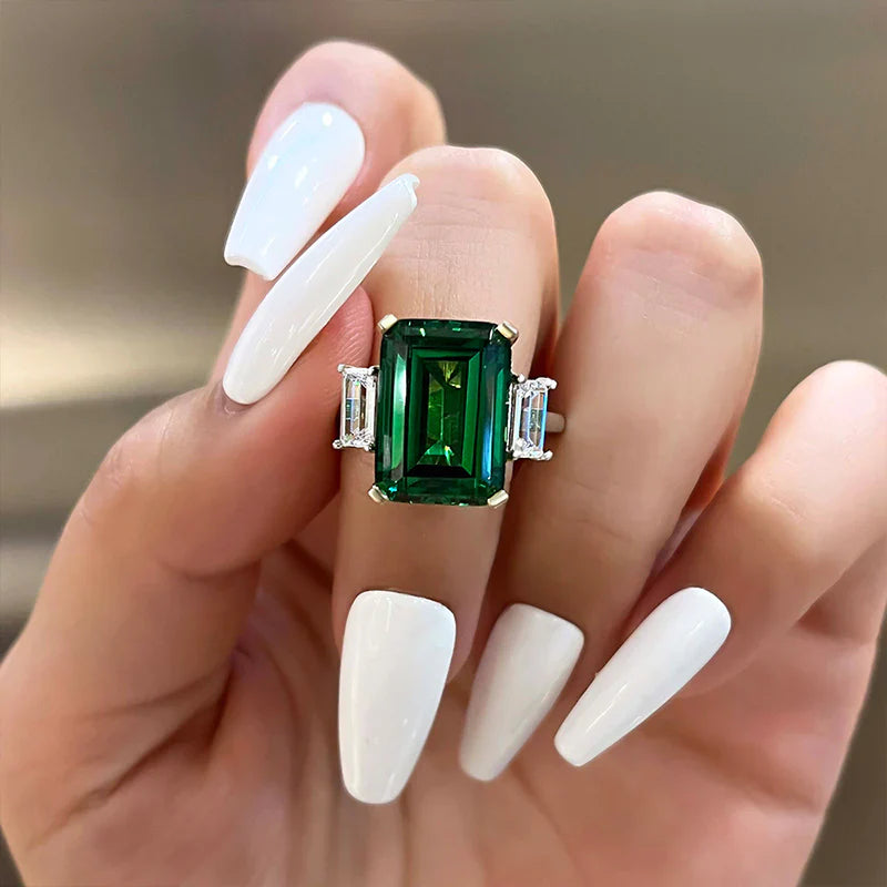 Vintage Emerald Green Three Stone Engagement Ring In Sterling Silver Shineofdiamond
