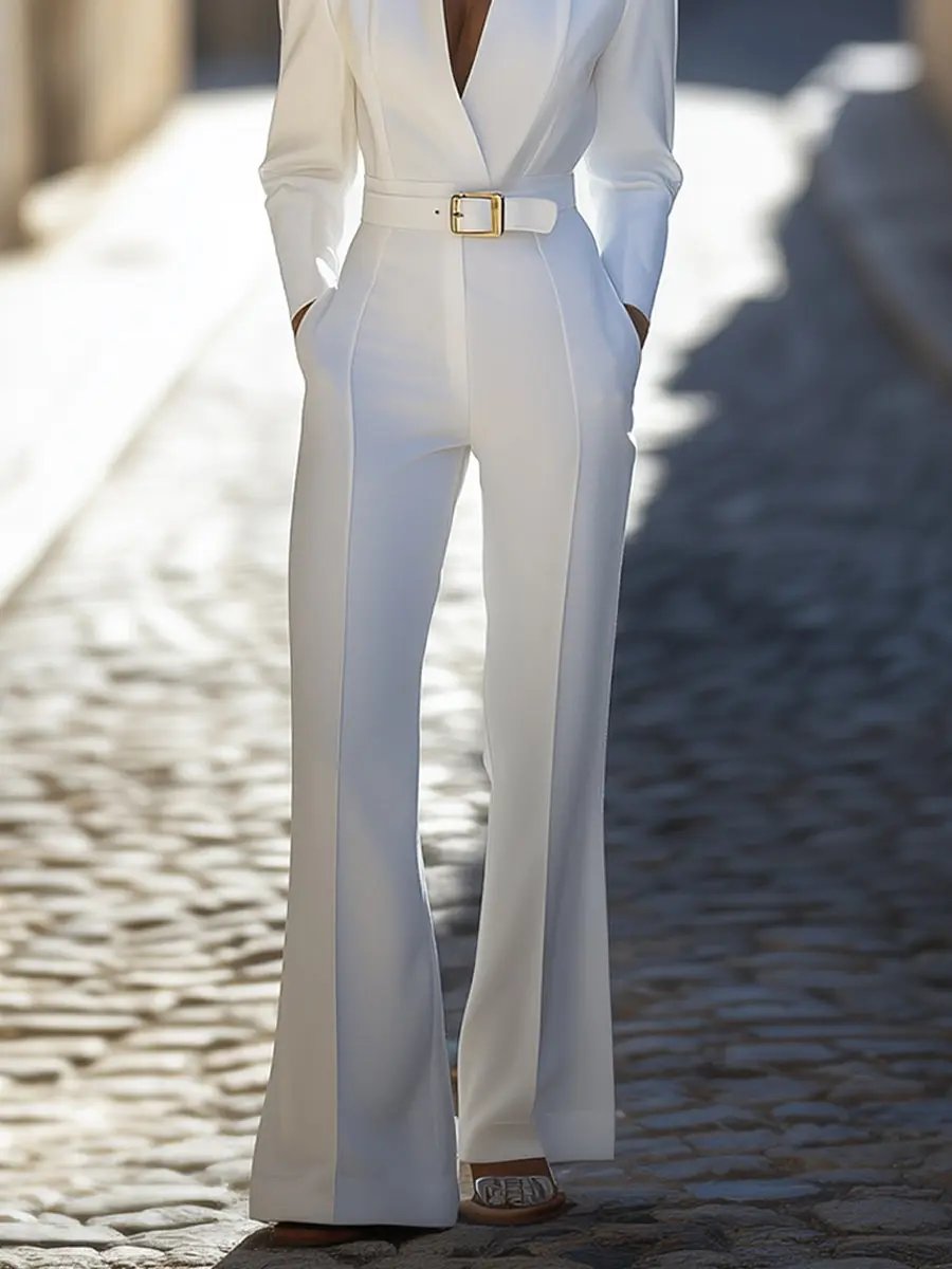 Ivory Belted Power Tailored Workwear for Women - Jumpsuit CASA LARO