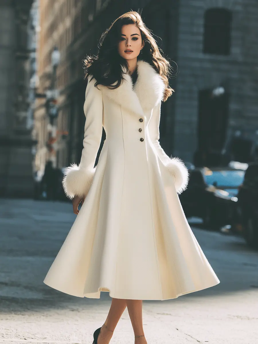 Ivory Flared Coat with Faux Fur Collar & Cuffs - Coat CASA LARO
