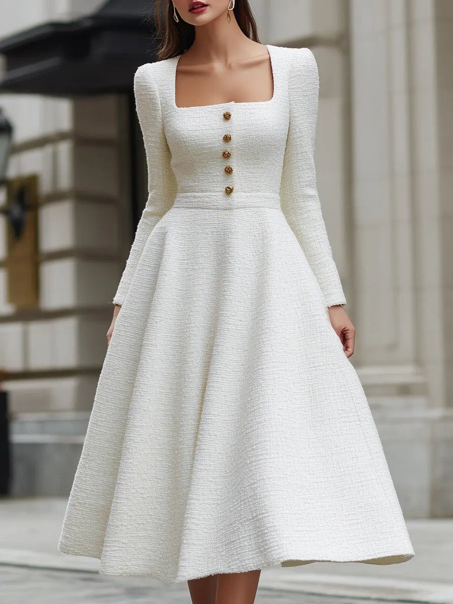 Ivory Tweed Square Neck Tailored Sleeveless - Midi Dress CASA LARO