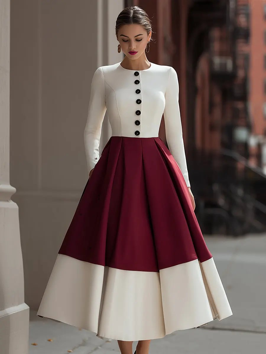 Ivory & Burgundy Colorblock Button-Front - Midi Dress CASA LARO