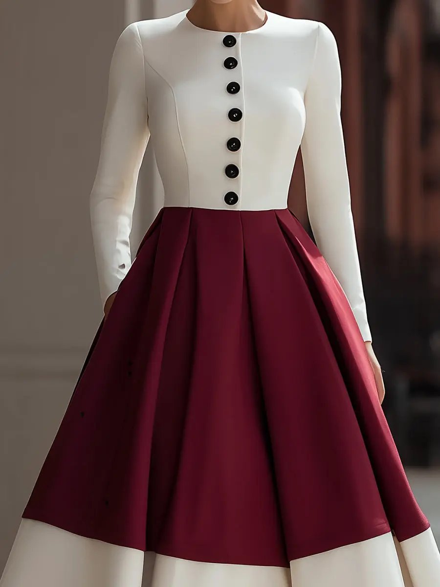 Ivory & Burgundy Colorblock Button-Front - Midi Dress CASA LARO