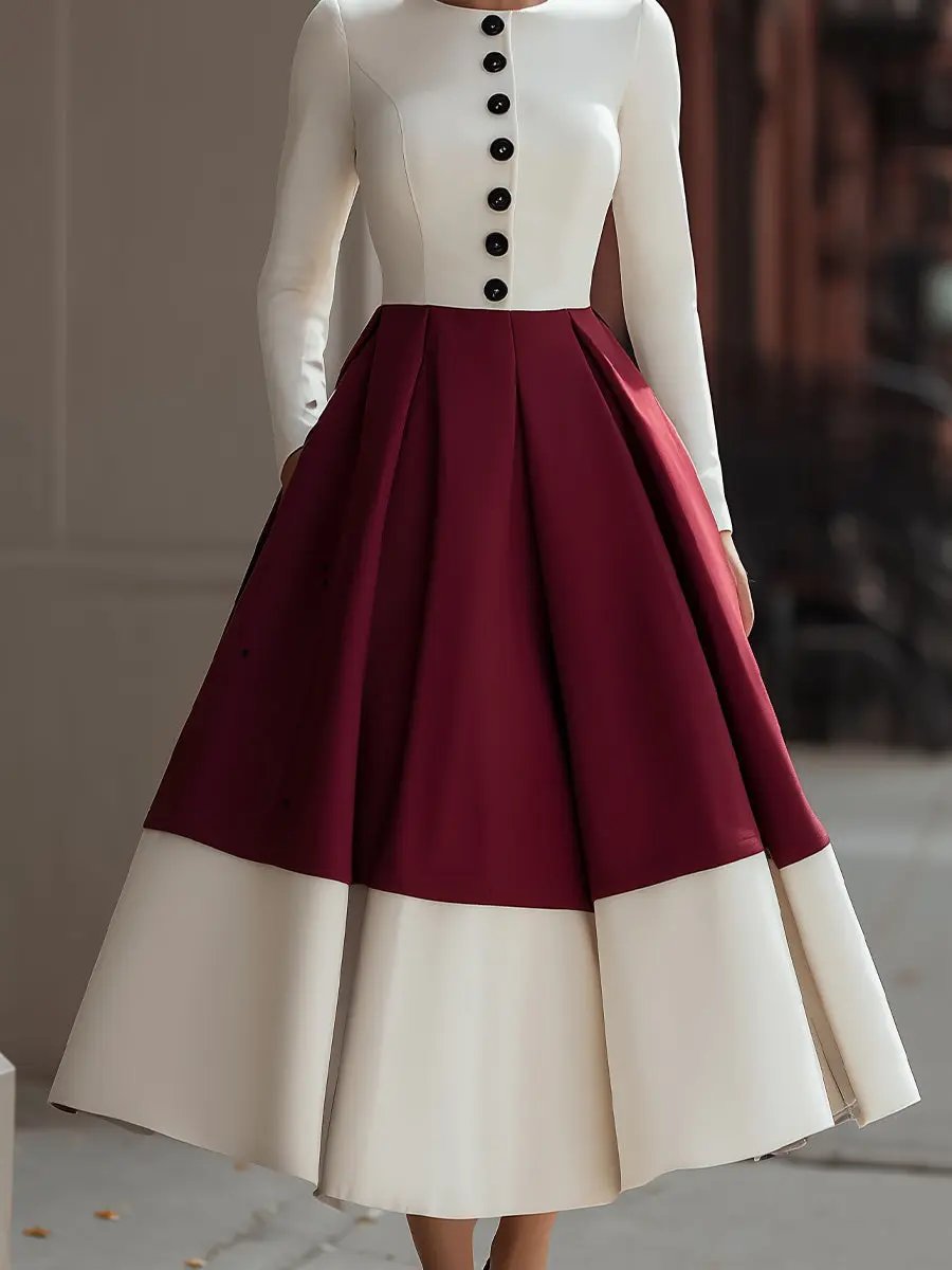 Ivory & Burgundy Colorblock Button-Front - Midi Dress CASA LARO