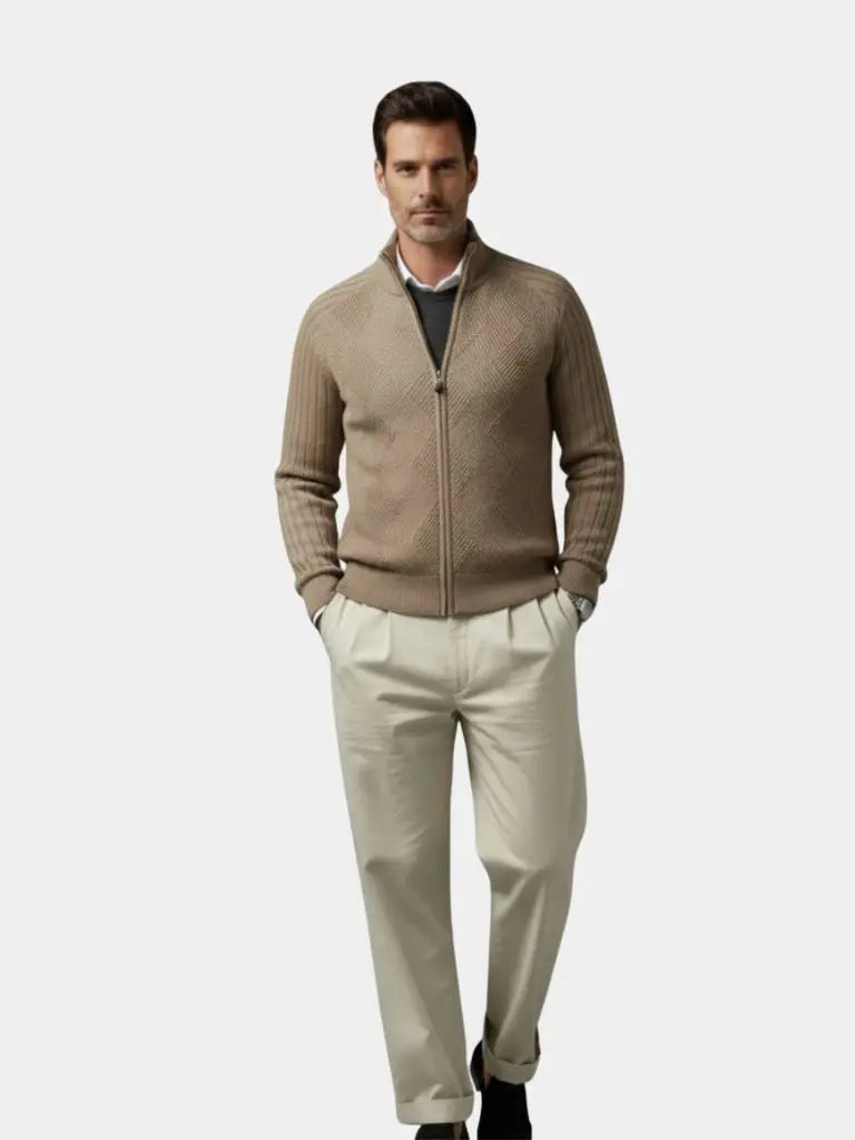 Knit Zipper Jacquard Solid Color Cardigan Sweater - Casa  Laro CASA LARO