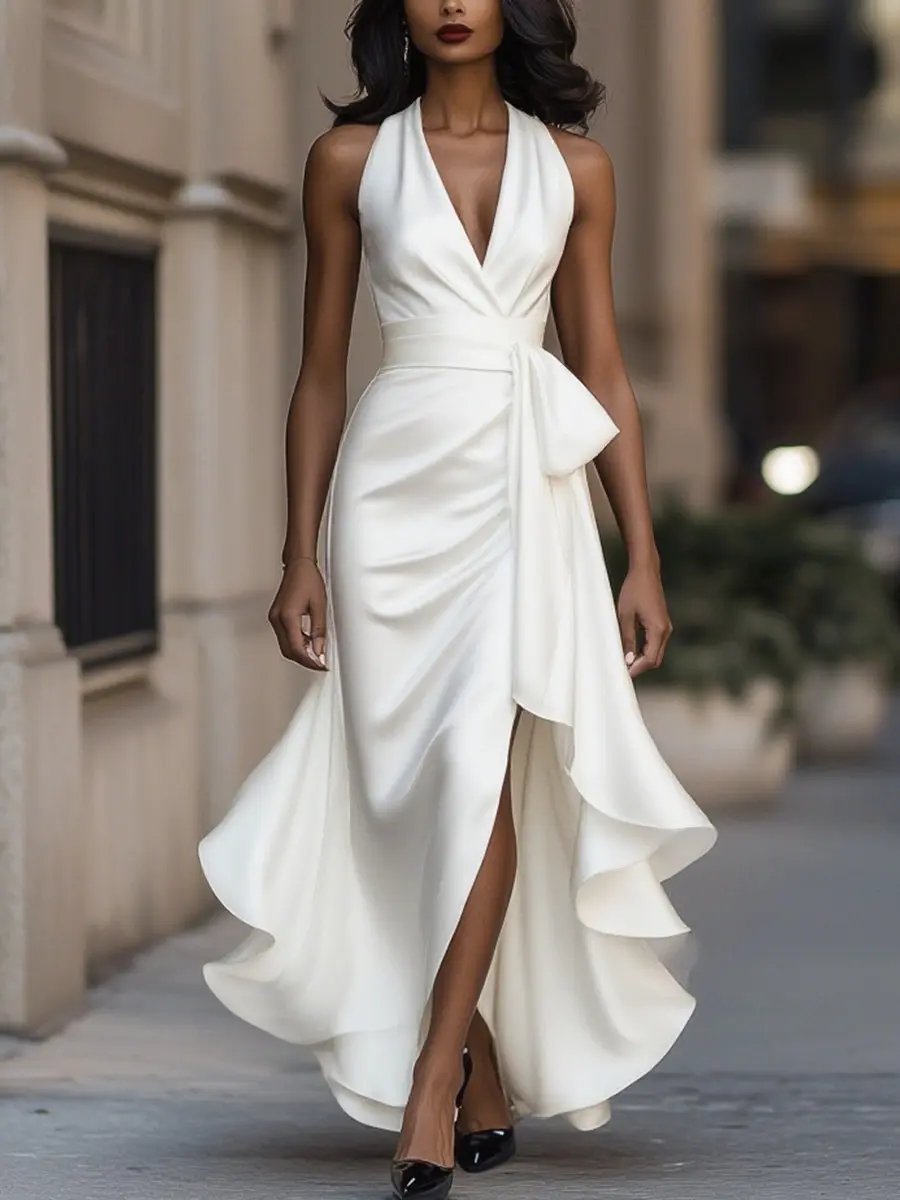 Midnight Satin Halter with Ruffle Detail - Maxi Dress CASA LARO