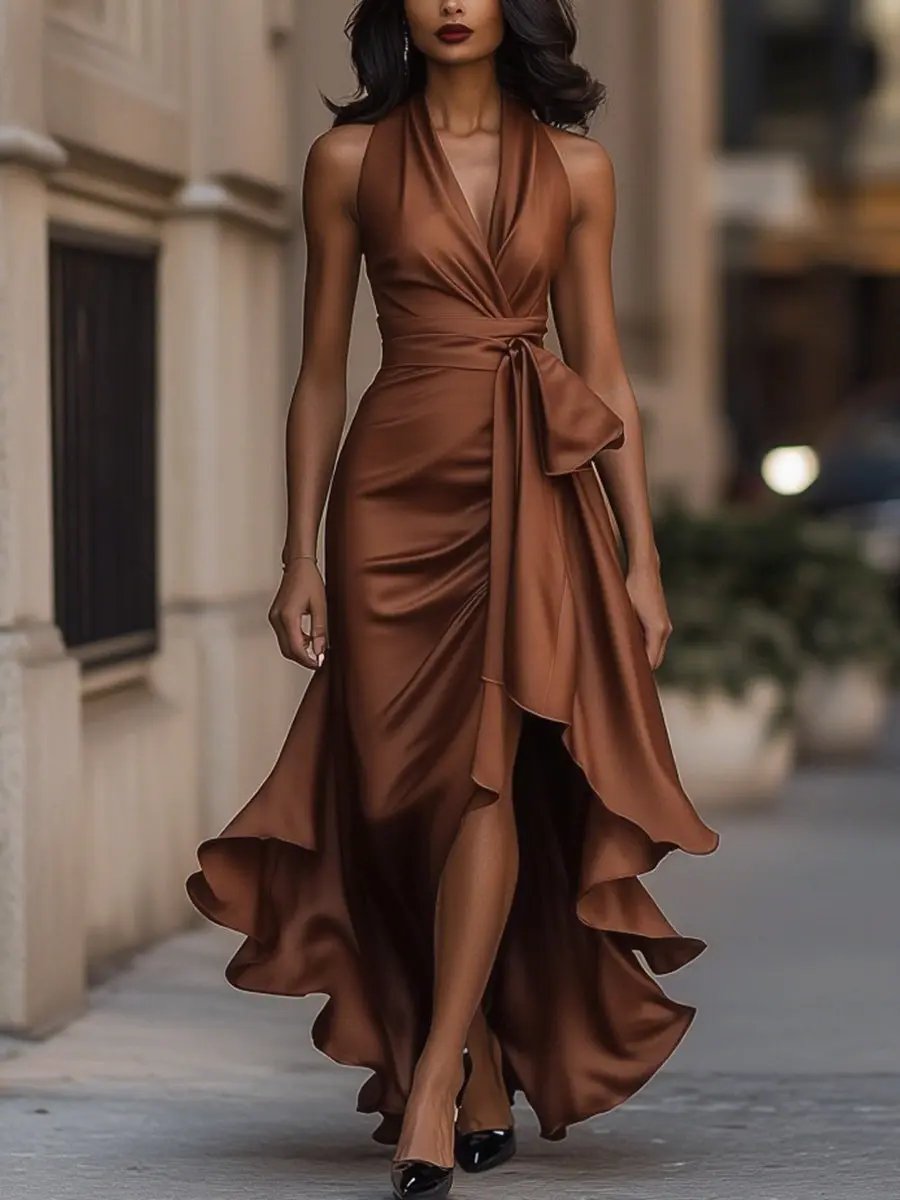 Midnight Satin Halter with Ruffle Detail - Maxi Dress CASA LARO