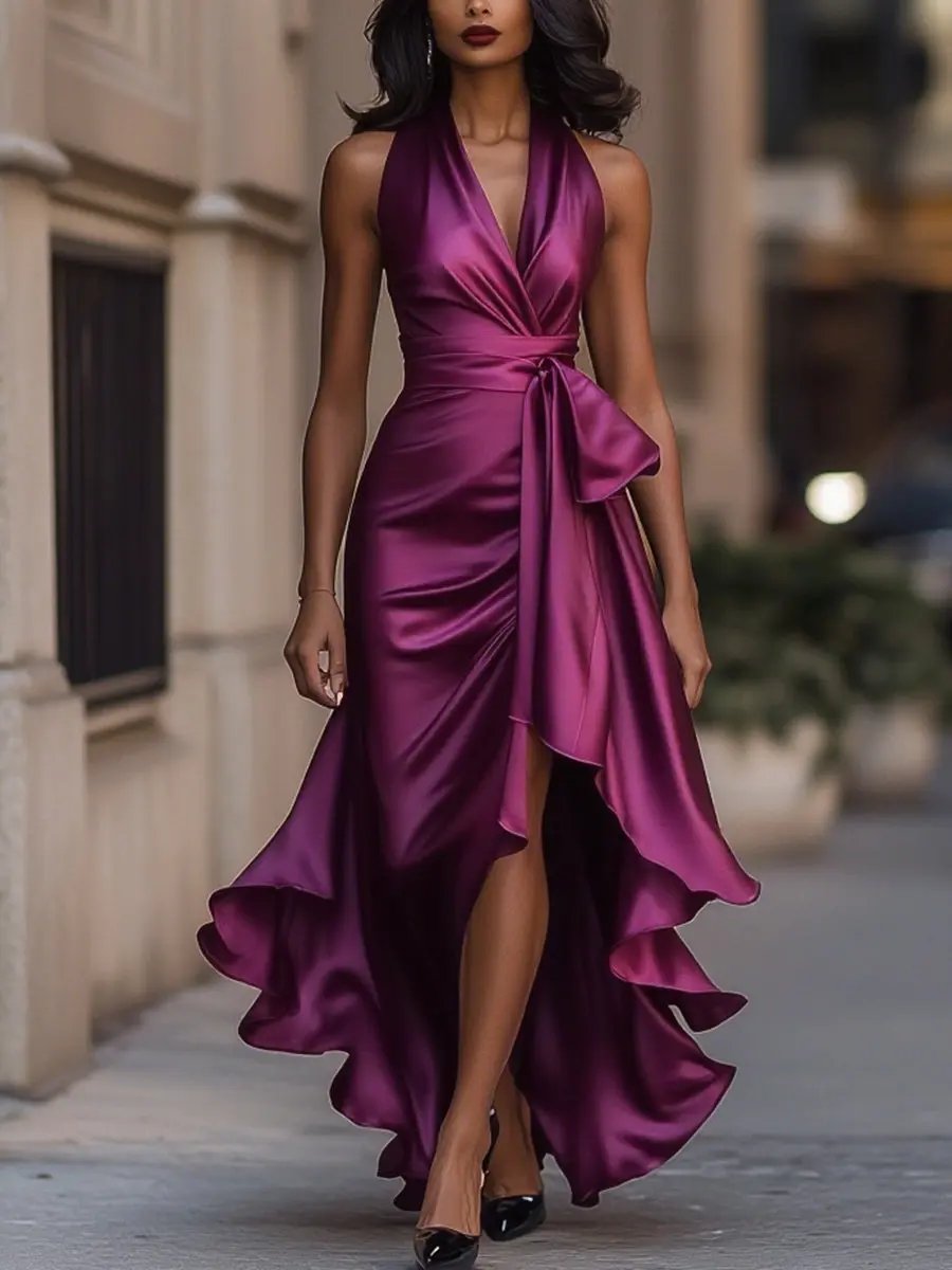Midnight Satin Halter with Ruffle Detail - Maxi Dress CASA LARO