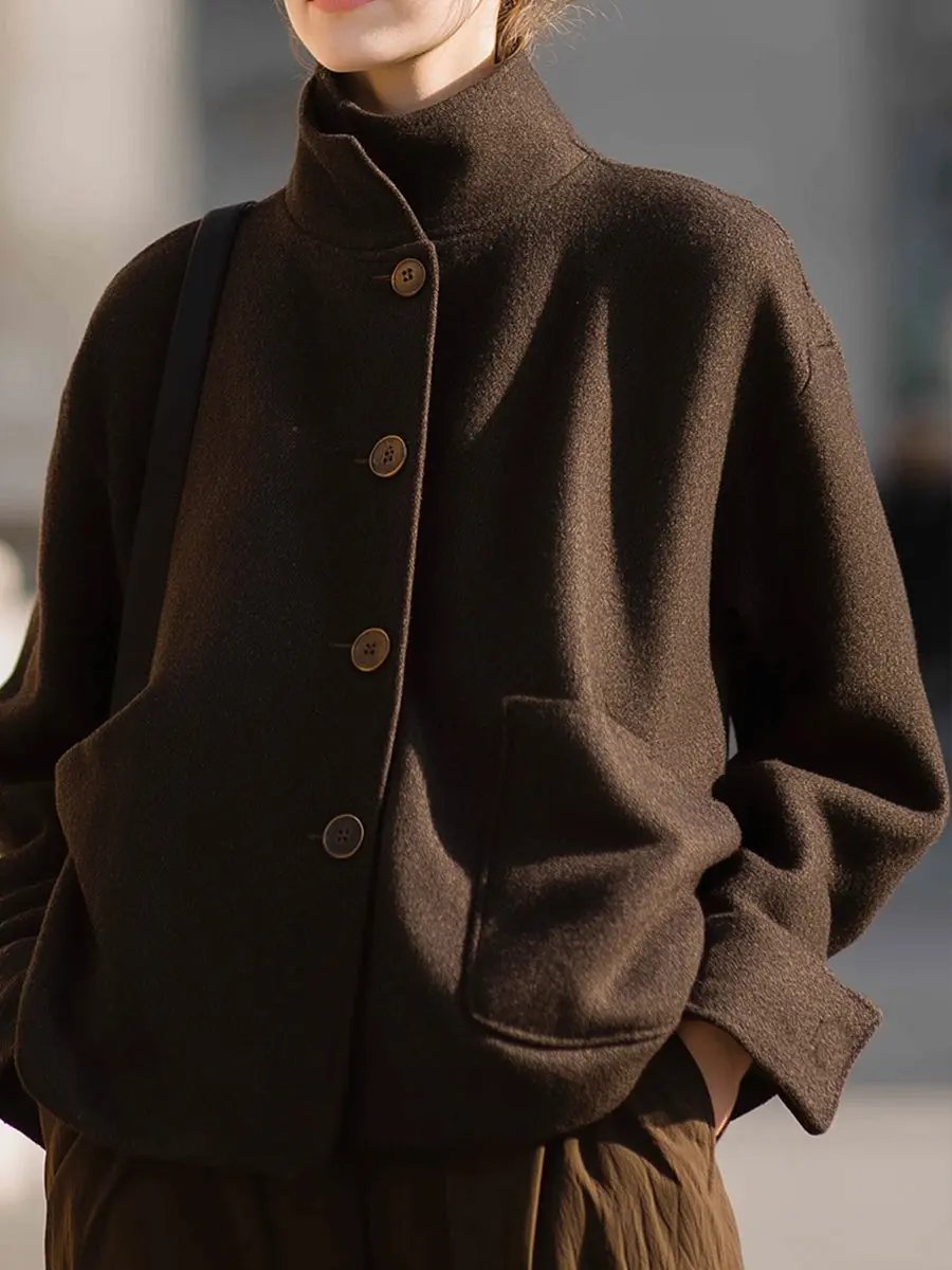 Minimalist Brown Wool Stand-Collar - Women's Jacket CASA LARO