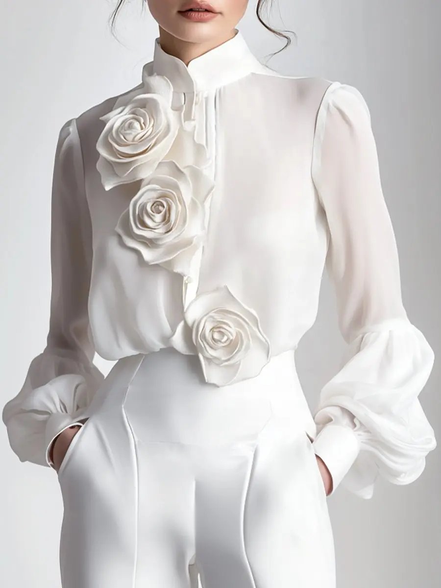 Modern White 3D Rose Applique - Women's Blouse CASA LARO