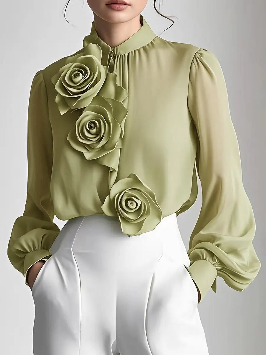 Modern White 3D Rose Applique - Women's Blouse CASA LARO