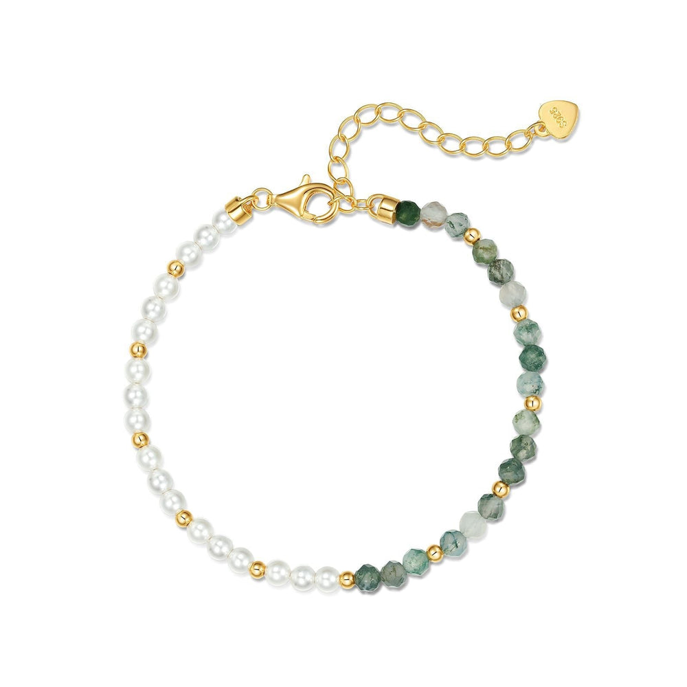 Natural Water Grass Agate with Pearls Sterling Silver Bracelet Shine of Diamond