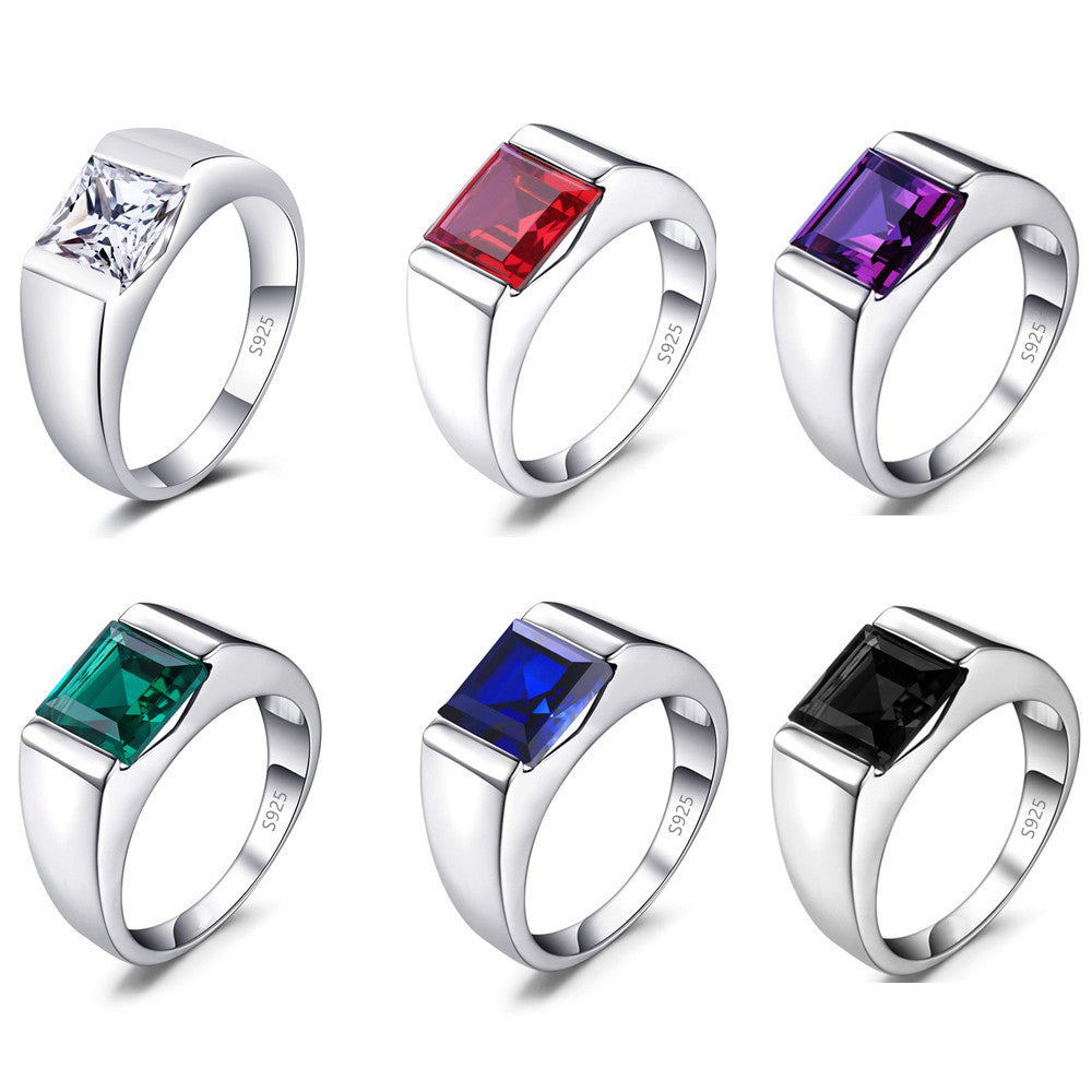 Men’s Sterling Silver Wedding Band with Colored Center Stone – Sizes 8–12.5 Shine of Diamond