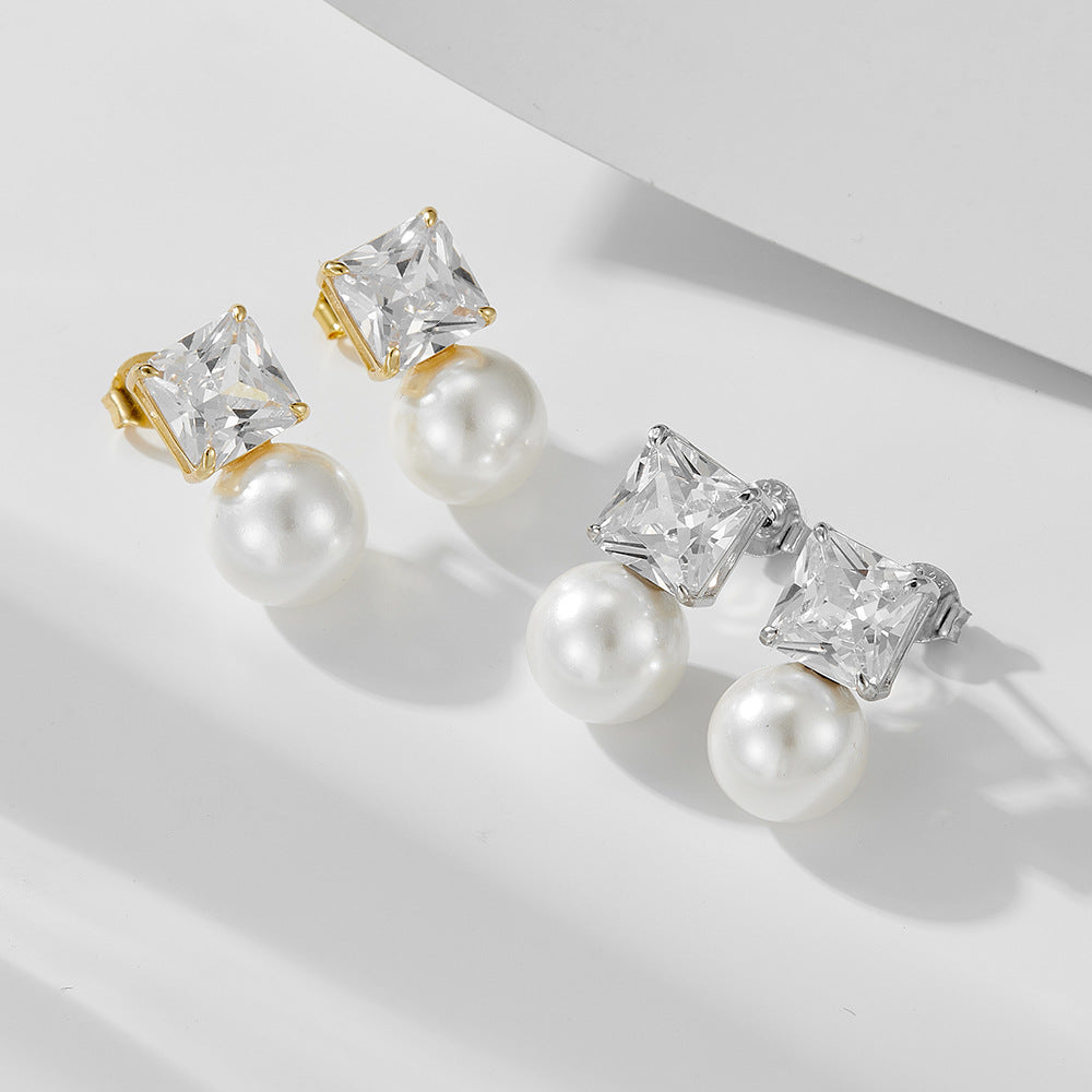 Simple Simulated Diamond Pearls Drop Earrings Carly Jewelry