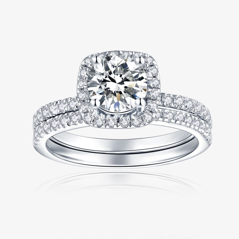 Round Cut D Color Moissanite Sterling Silver Halo Wedding Ring Set shine of diamond