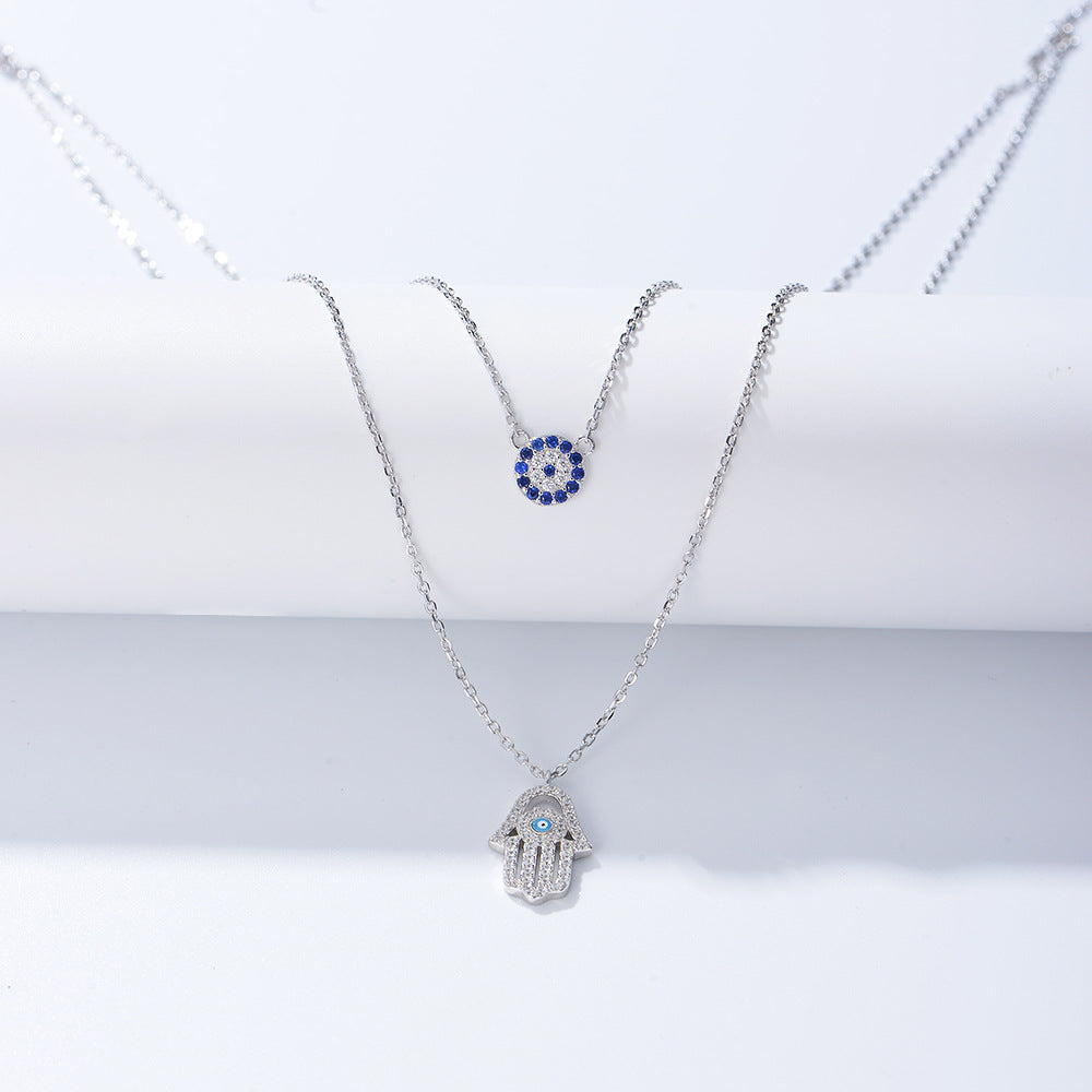 Devil Eye Hamsa Palm Double Layed Necklace Shine of Diamond