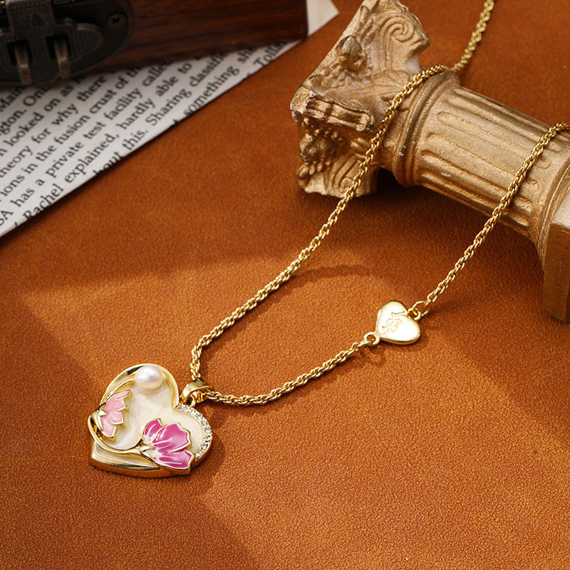 Retro Flower Heart Design Pearl Necklace Carly Jewelry