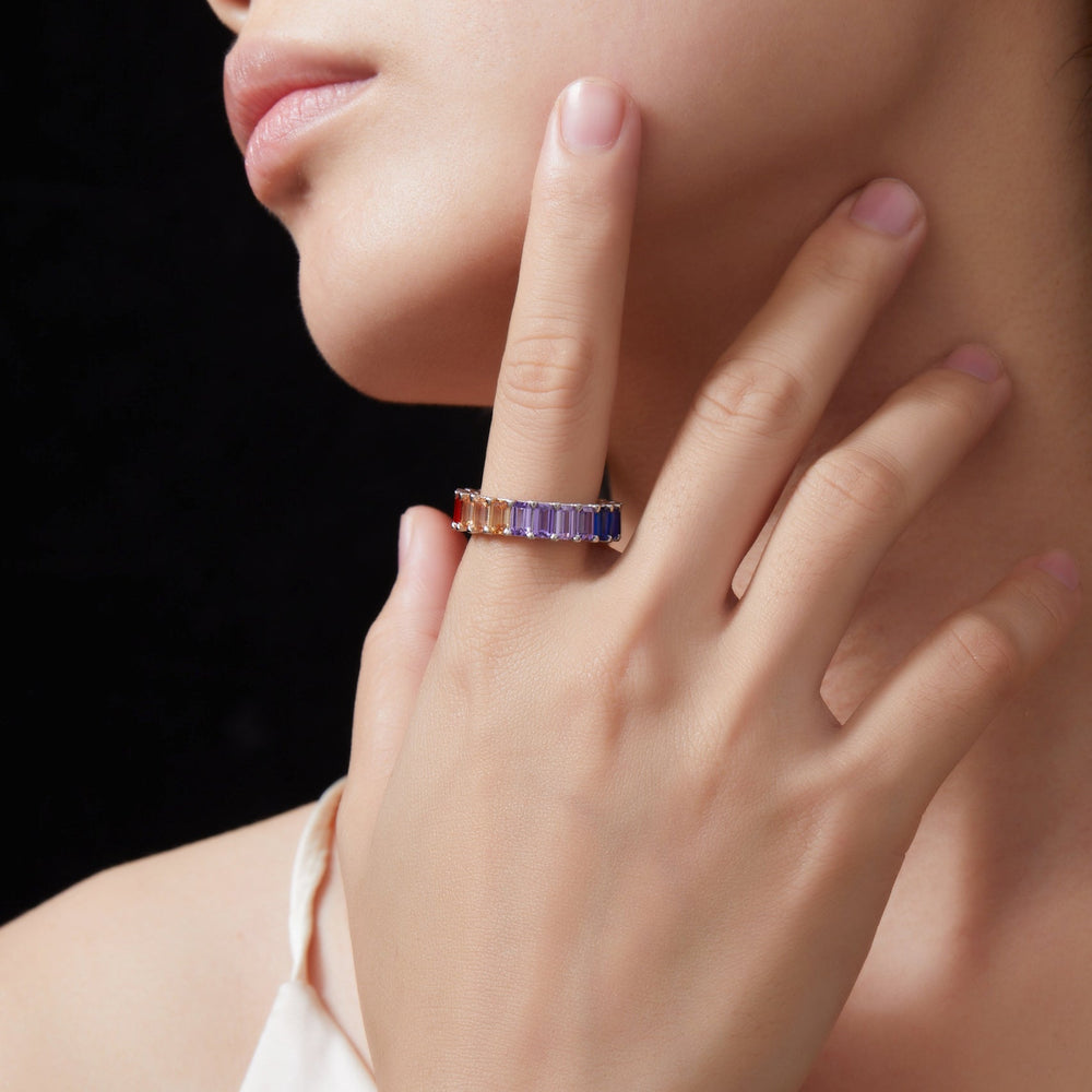“Eternal Rainbow” Full Eternity Band in 18K Gold Plated 925 Sterling Silver Shine of Diamond