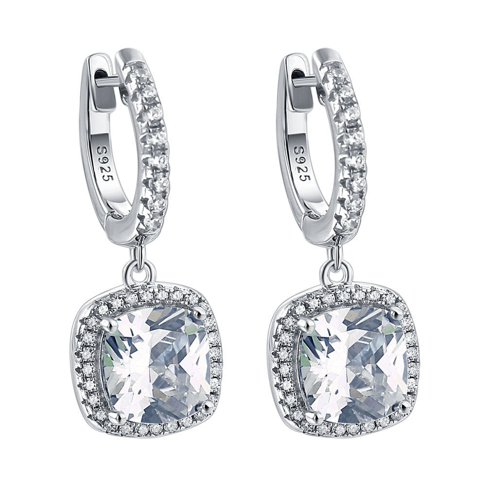 Birthstone Cushion Cut Halo Sterling Silver Drop Earrings Shineofdiamond