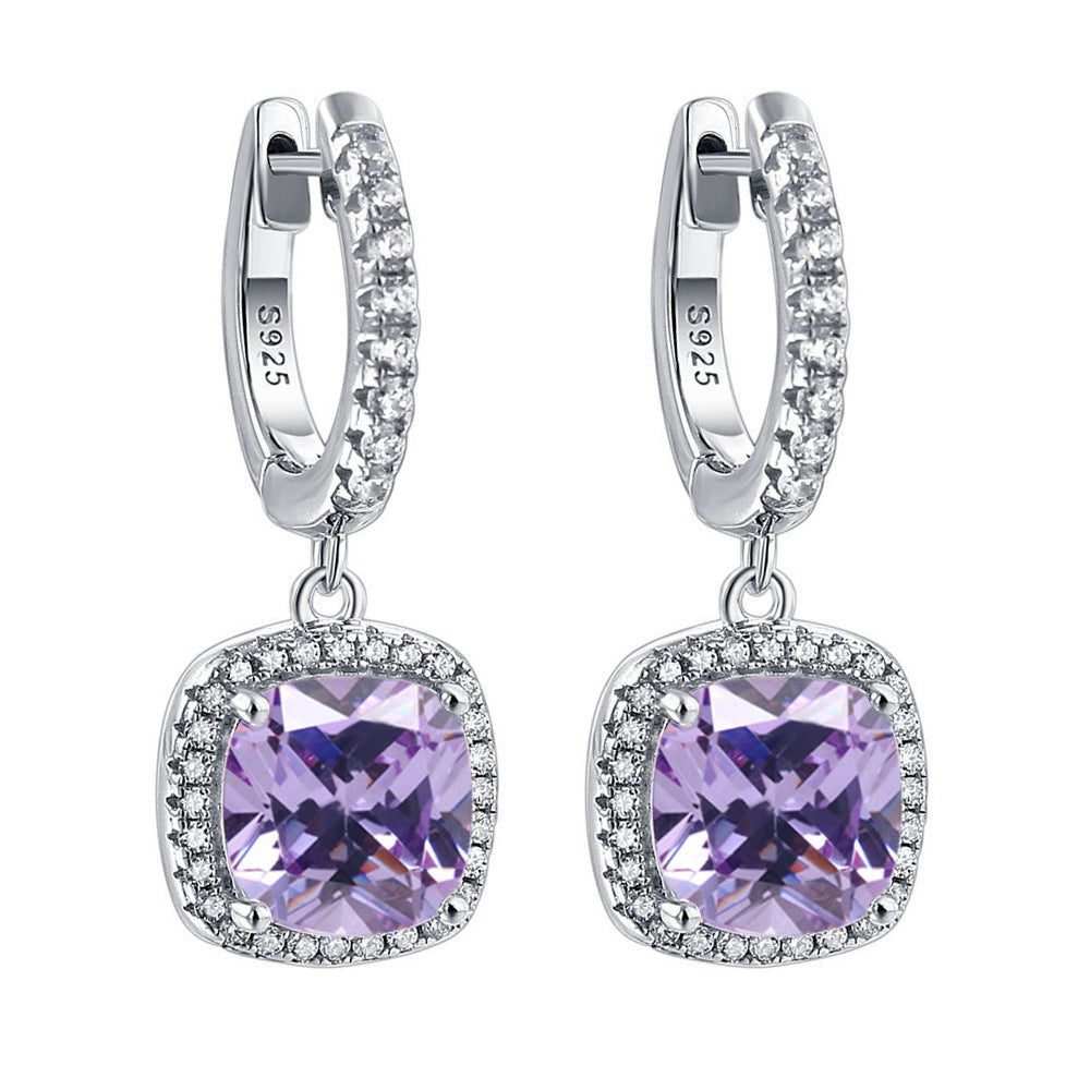 Birthstone Cushion Cut Halo Sterling Silver Drop Earrings Shineofdiamond