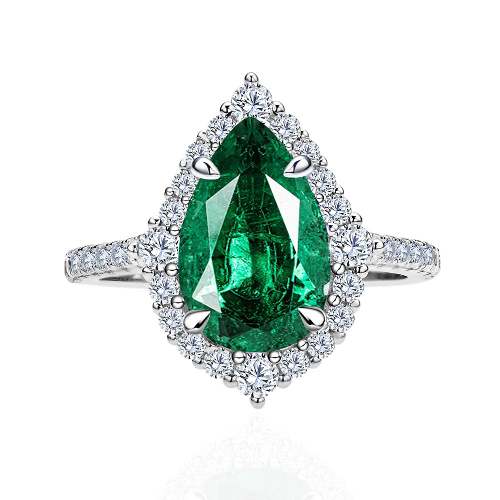 Unique 2.2ct Emerald Green Pear Cut  Sterling Silver Engagement Ring shine of diamond