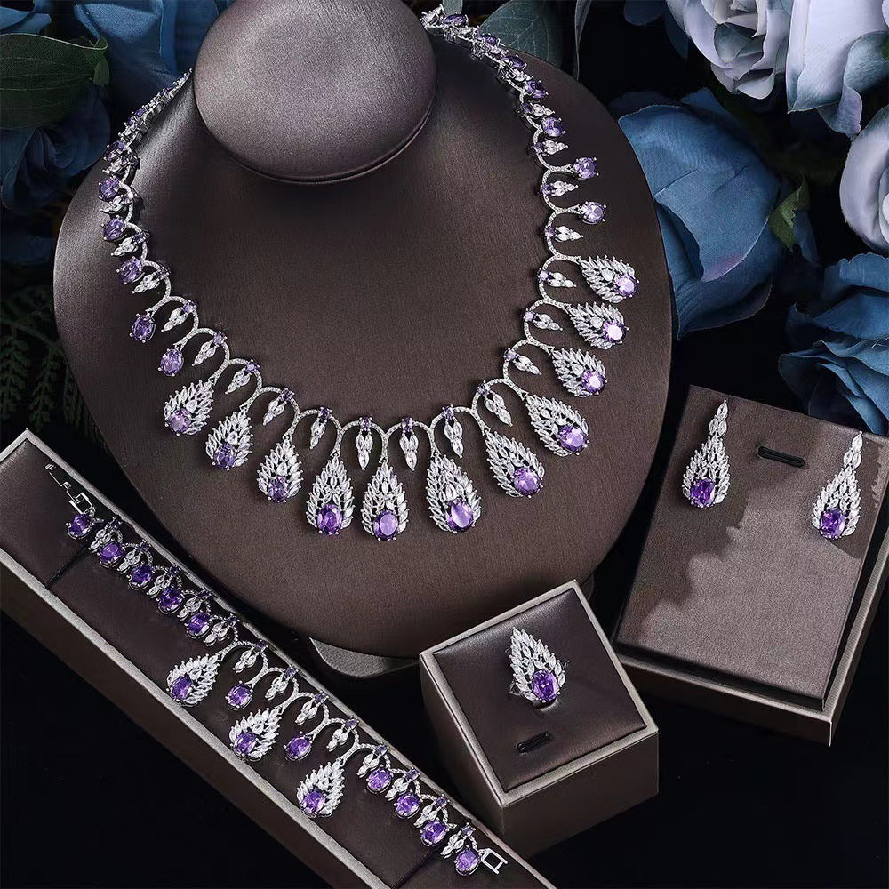 4 Pcs Luxury Dazzling Full Diamond Colored Evening Dress Jewelry Set Shine of Diamond