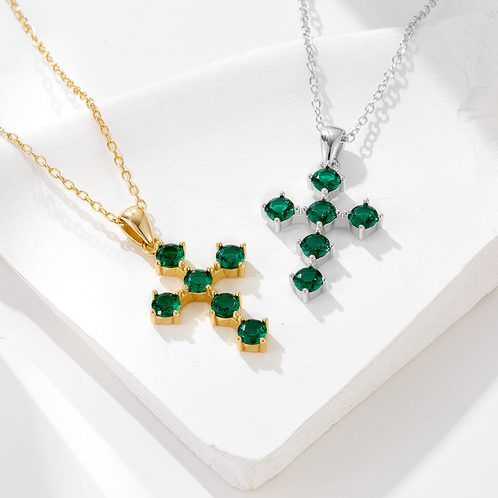 Vintage Emerald Green Cross Design Sterling Silver Necklace Carly Jewelry