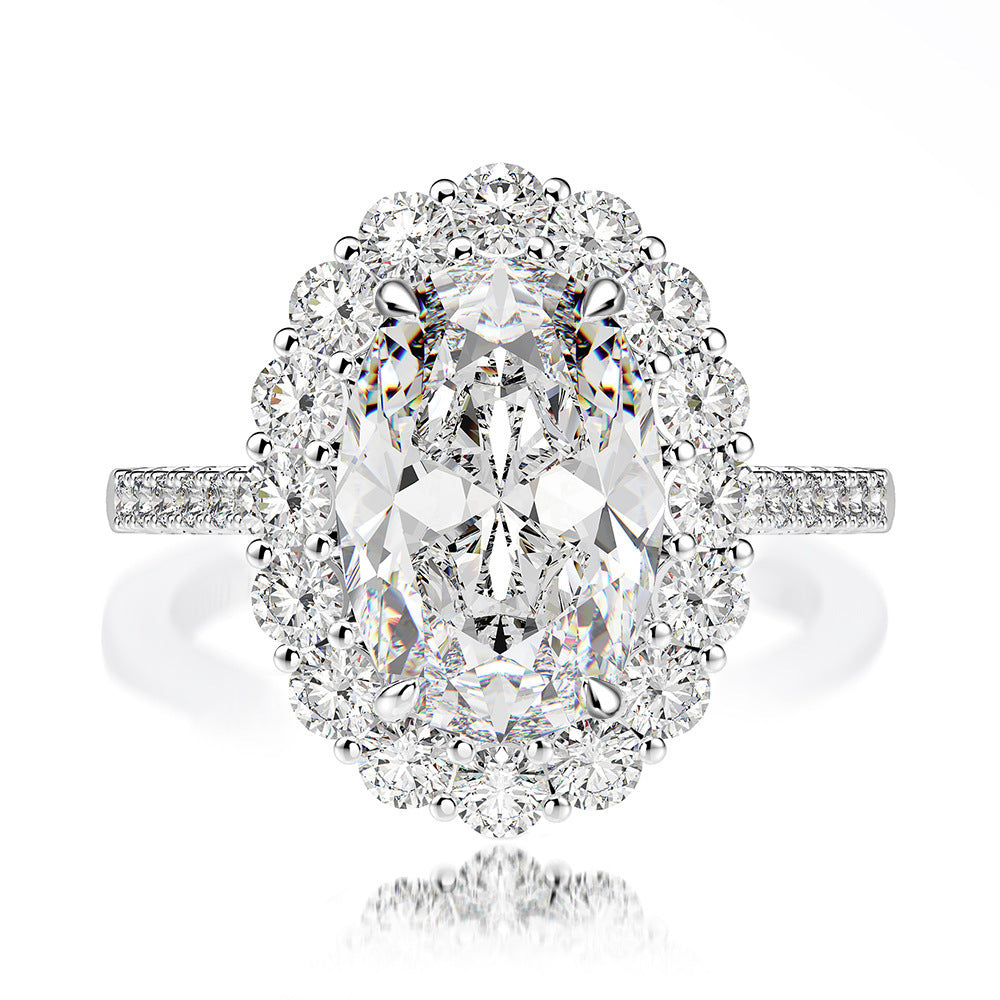 Oval Cut Halo Sterling Silver Engagement Ring With Half Eternity Band Shineofdiamond