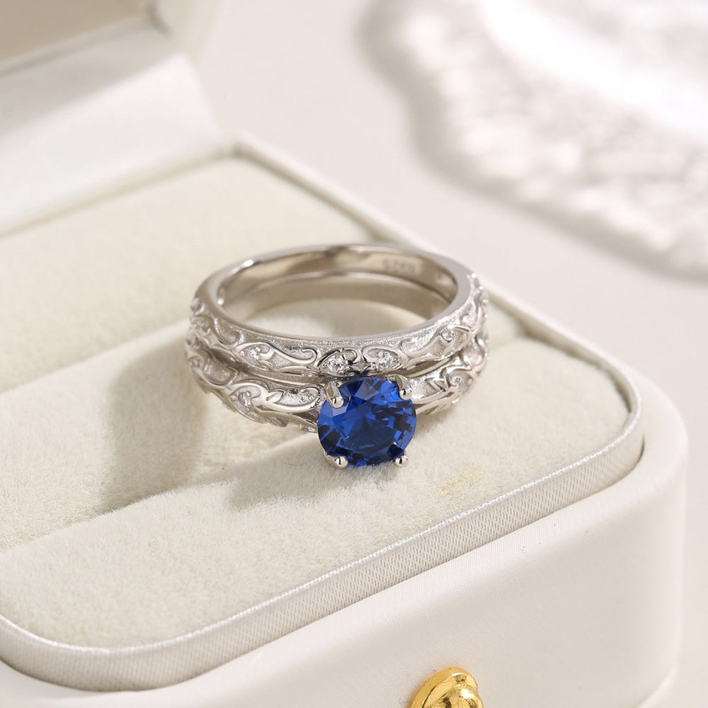 Vintage 2 Pcs Blue Round Cut Ring Set Shine of Diamond