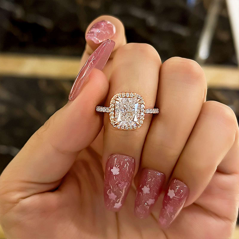 Rose Gold Tone Halo Radiant Cut Engagement Ring In Sterling Silver Shineofdiamond