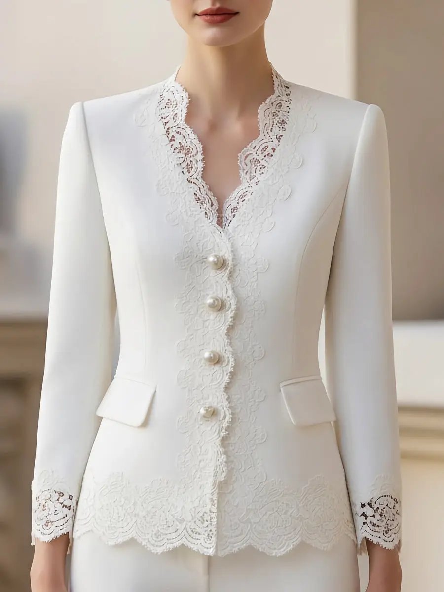 Pearl-Button Lace-Trim Women's Tailored Jacket - Blazer CASA LARO
