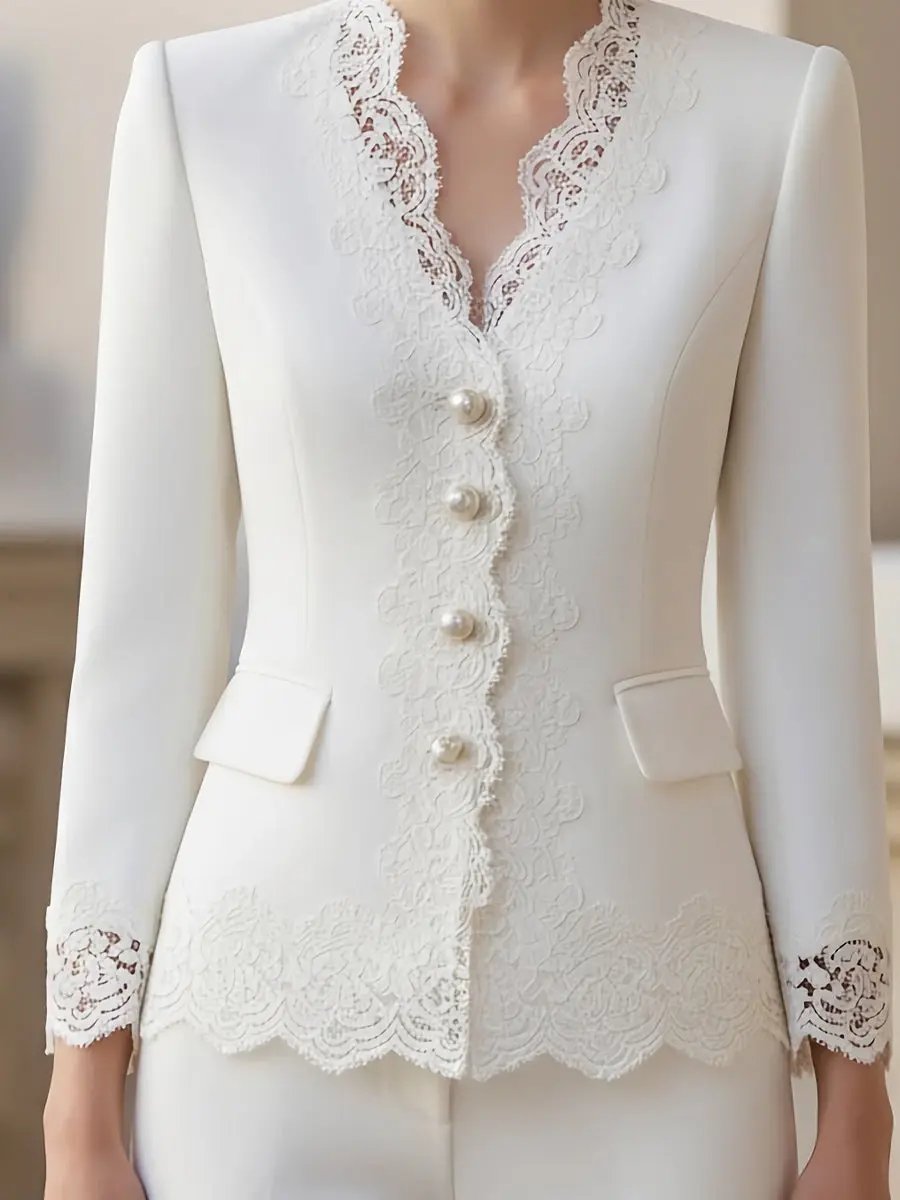 Pearl-Button Lace-Trim Women's Tailored Jacket - Blazer CASA LARO