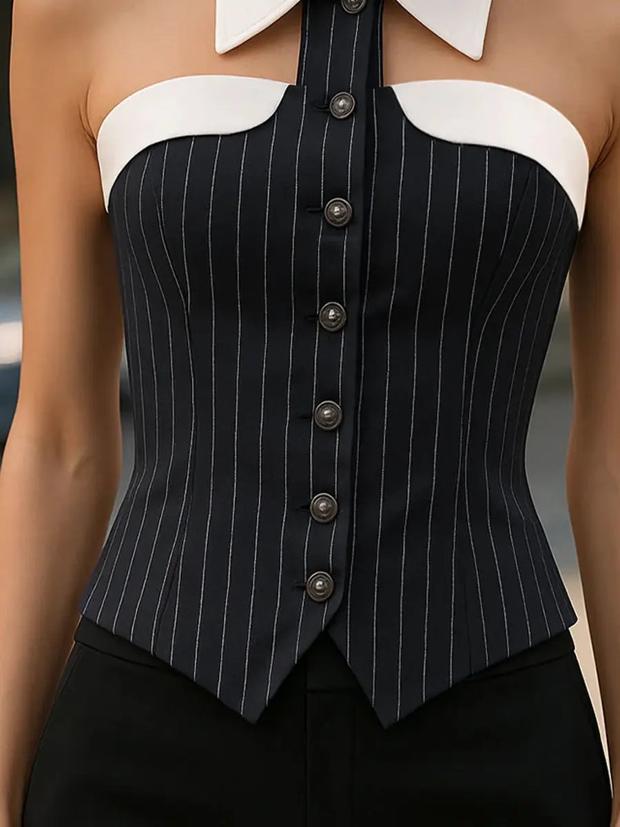 Pinstripe Button-Front With Contrast Collar - Women's Blouse CASA LARO