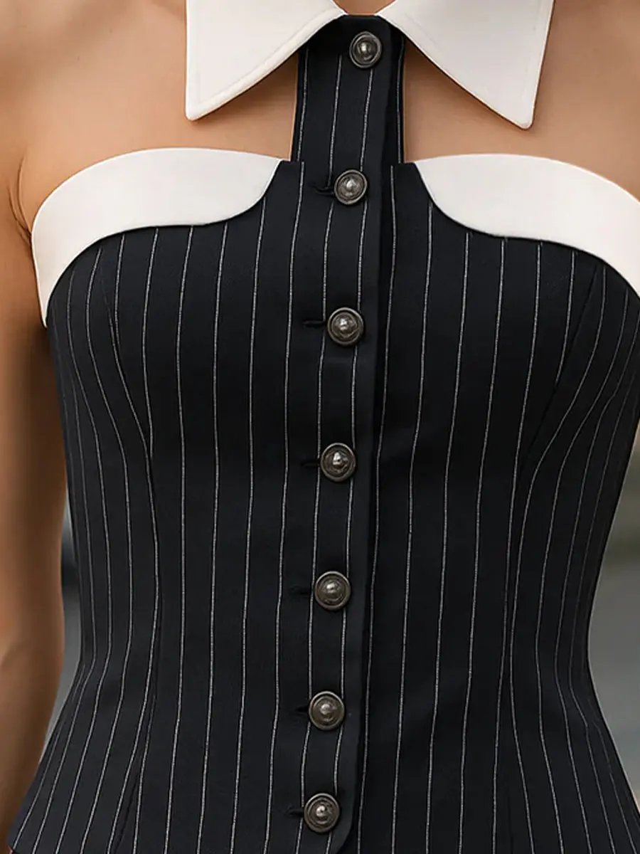 Pinstripe Button-Front With Contrast Collar - Women's Blouse CASA LARO