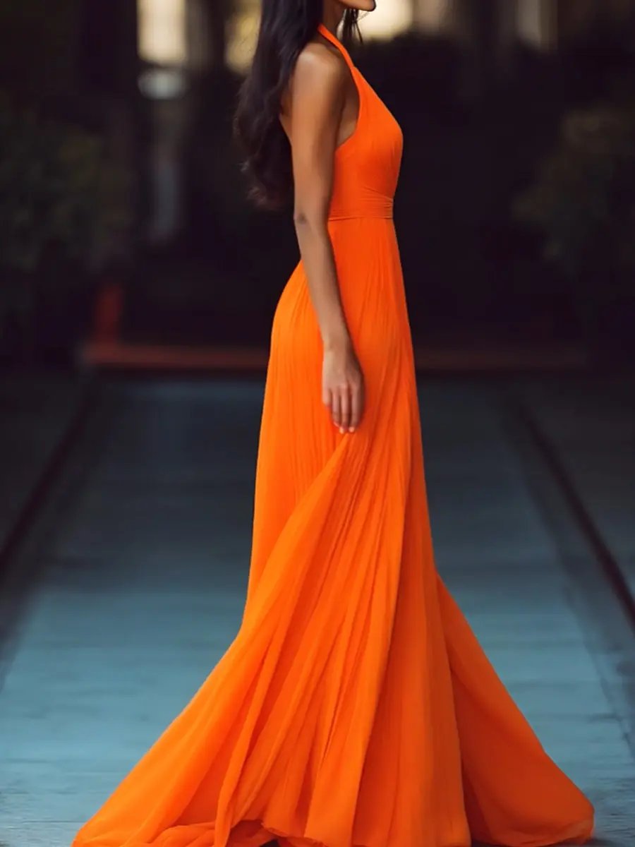 Pleated V-Neck Halter Flowy Sleeveless - Maxi Dress CASA LARO