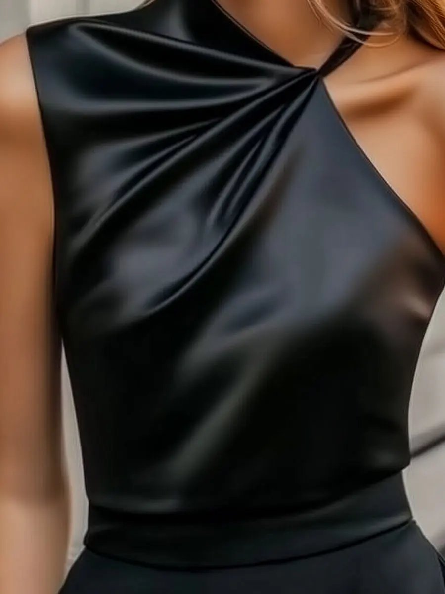 Satin Draped One-Shoulder with Strap Detail - Blouse CASA LARO