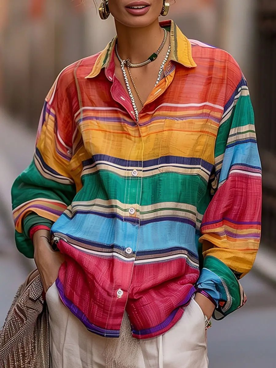 Shirt-Collar Rainbow Stripe Linen Top - Blouse CASA LARO