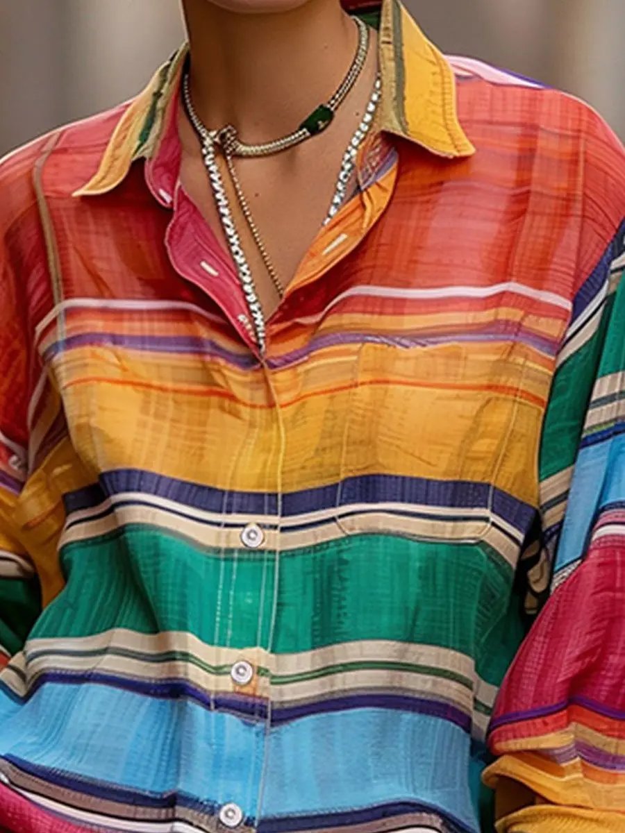 Shirt-Collar Rainbow Stripe Linen Top - Blouse CASA LARO