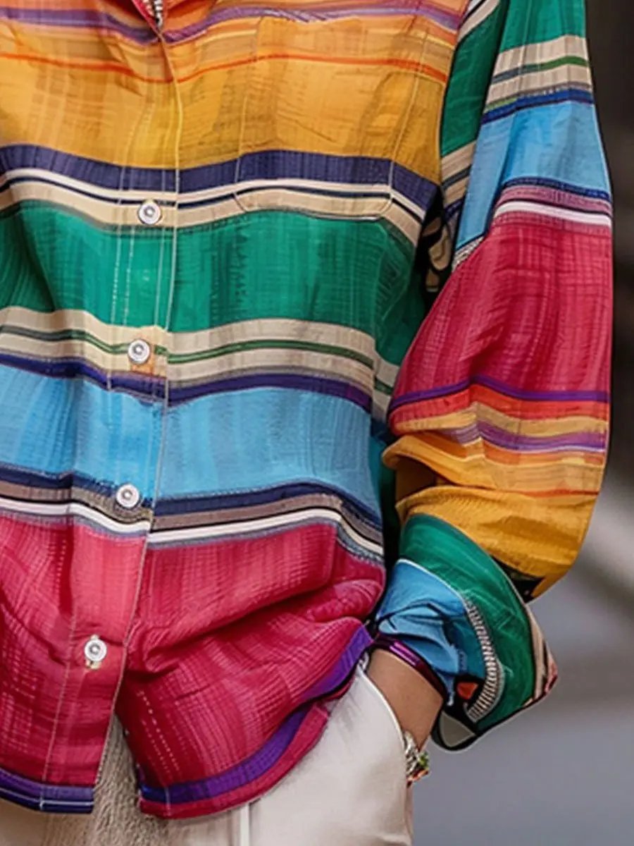 Shirt-Collar Rainbow Stripe Linen Top - Blouse CASA LARO