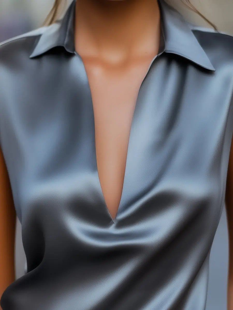 Sleek Gray Satin Plunge V‑Neck - Blouse CASA LARO