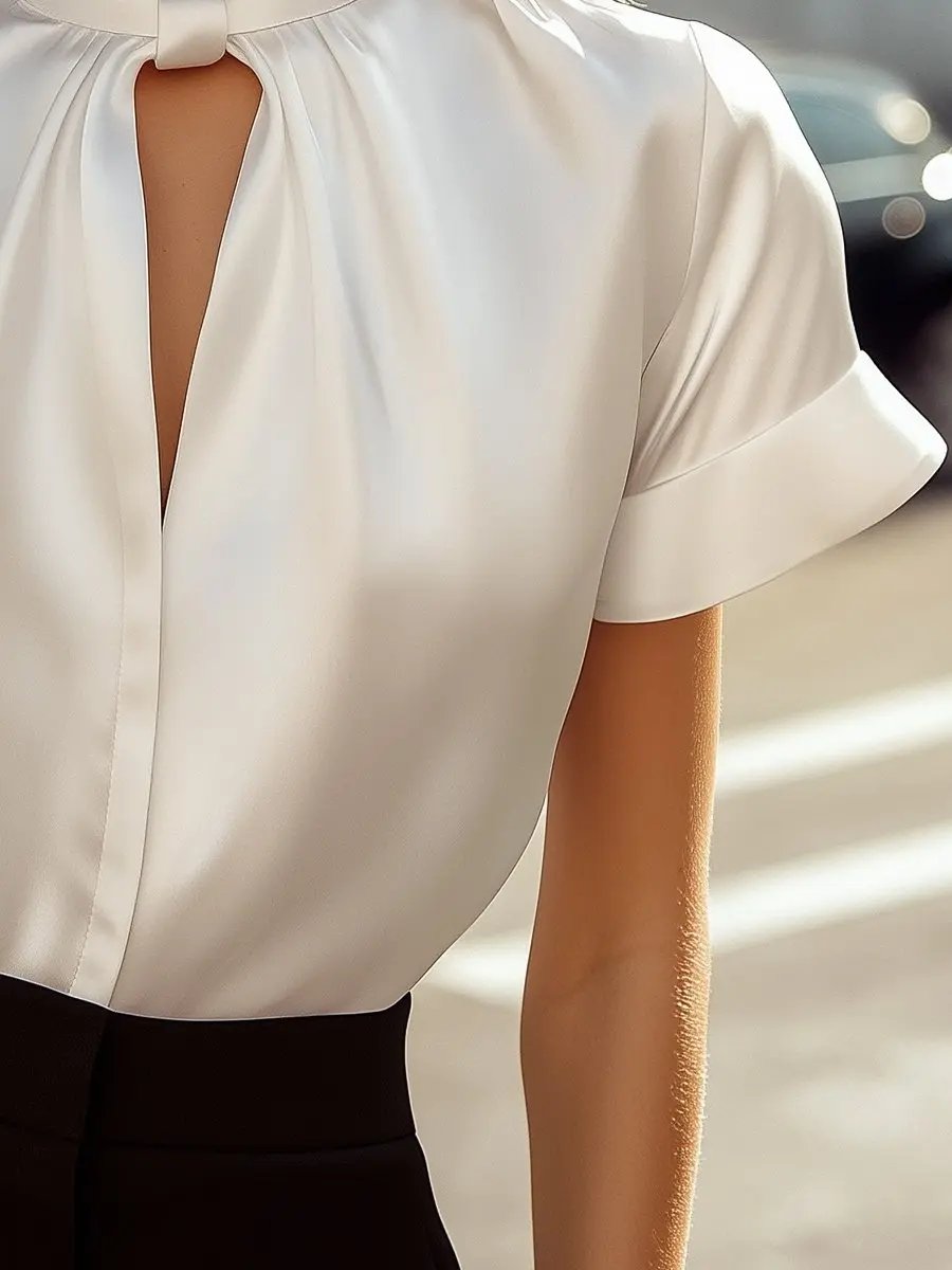 Sophisticated White Satin Keyhole Neckline - Blouse CASA LARO