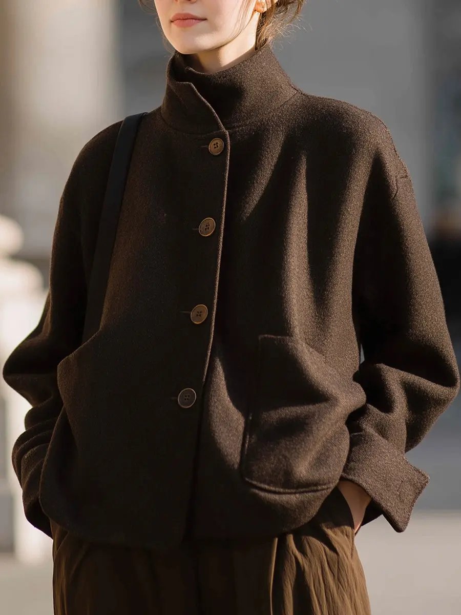 Tailored Minimalist Brown Wool Stand-Collar - Jacket CASA LARO